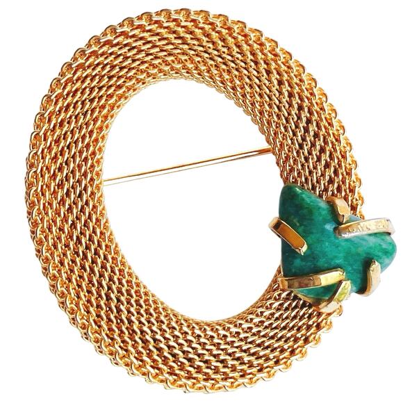 Vintage Mid Century Gemstone Gold Tone Mesh Brooch Green 1960s - Picture 1 of 8